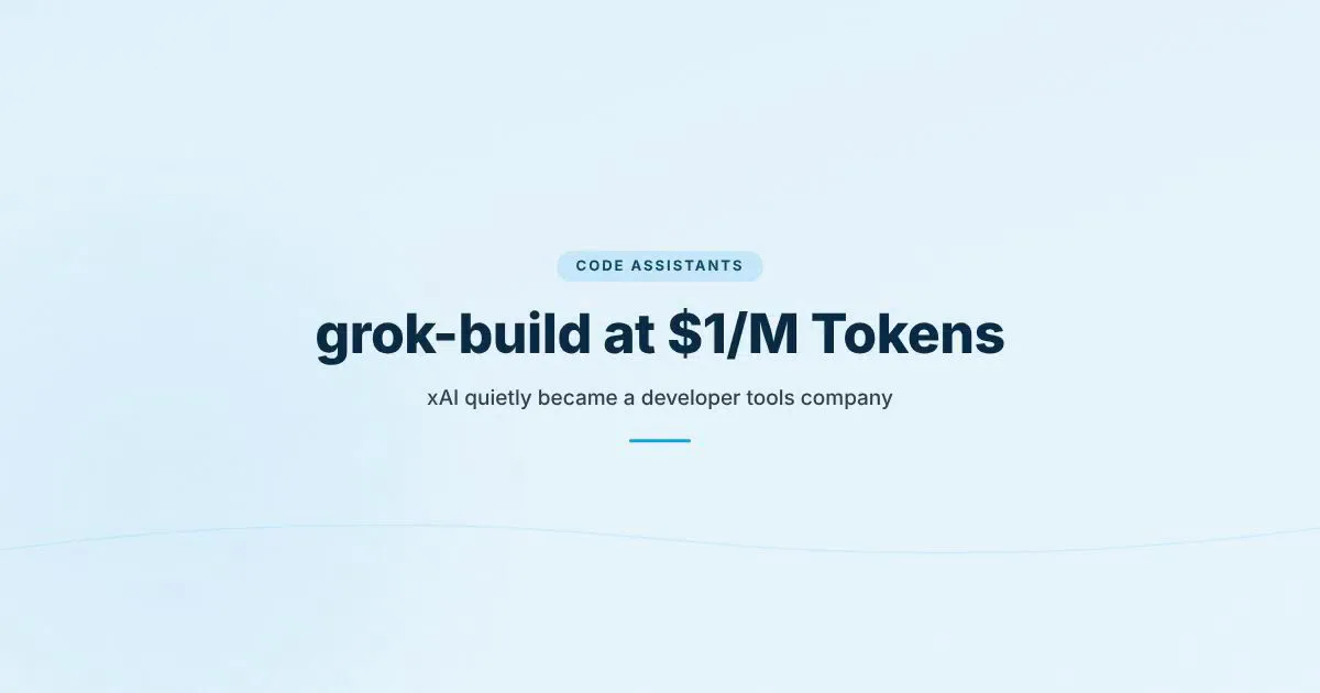 Branded cover for grok-build developer tools article showing xAI pricing strategy