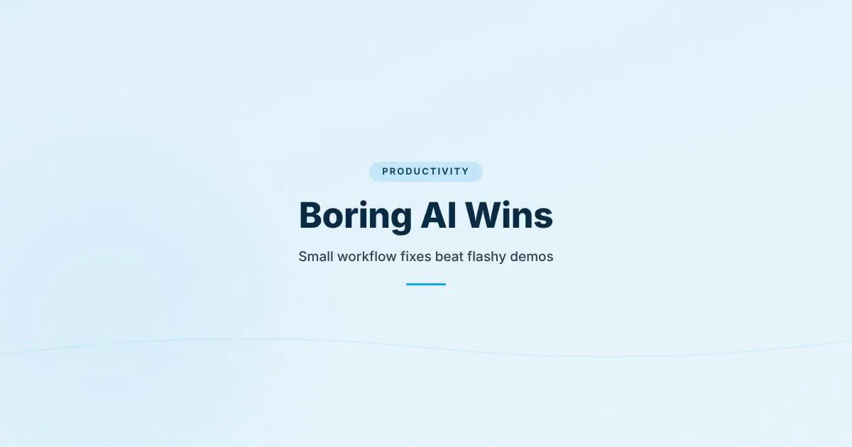 Branded HungryMinded cover reading Boring AI Wins for an article about AI tools becoming useful inside everyday workflows