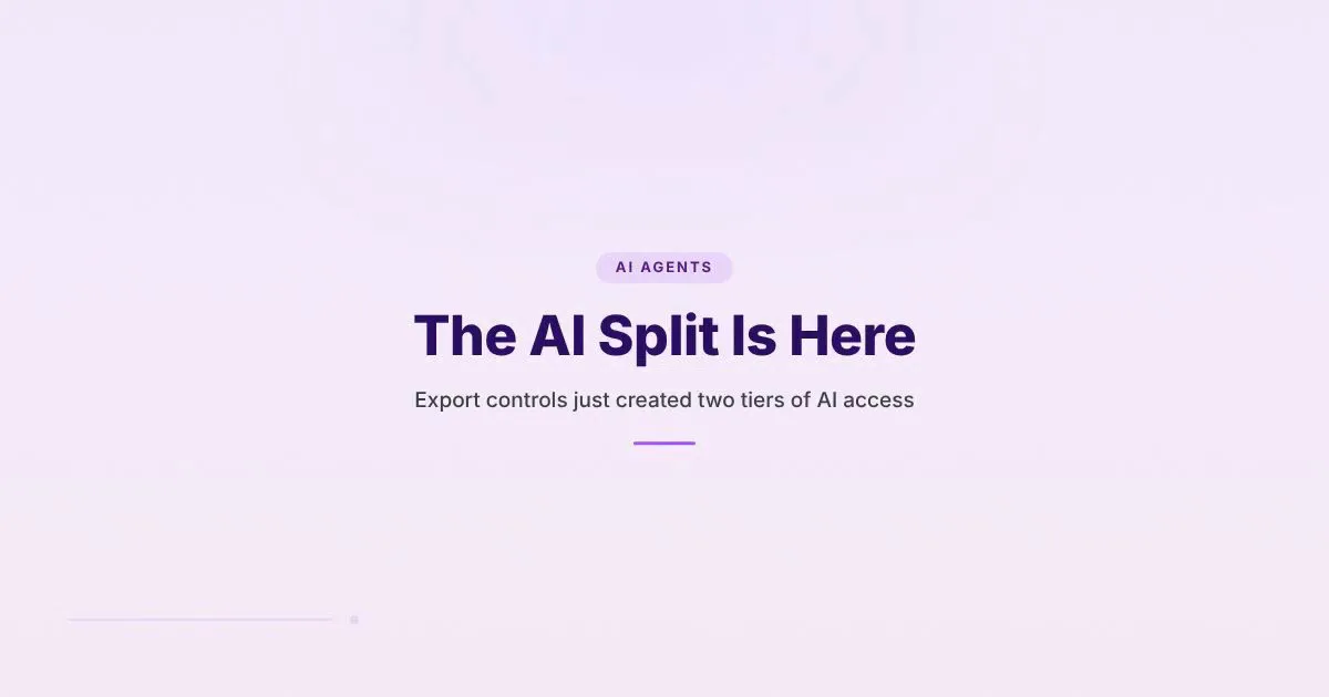 Branded cover showing 'The AI Split Is Here' with geometric hyperframe design in purple and blue tones, representing the fracturing of AI access into tiers
