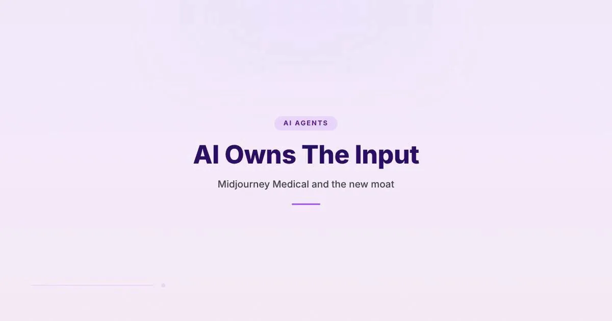 Branded HungryMinded cover reading AI Owns The Input, with a purple hyperframe design for Midjourney Medical and AI workflow moats