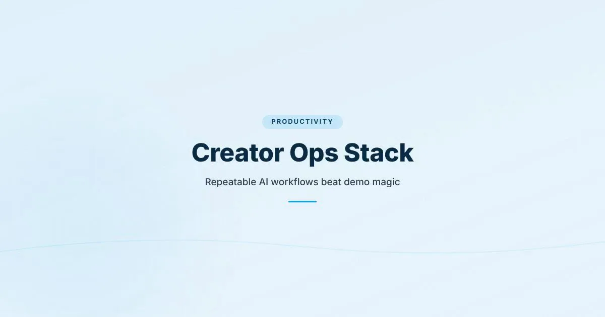 Branded HungryMinded cover reading Creator Ops Stack, with a purple hyperframe design about repeatable AI workflows