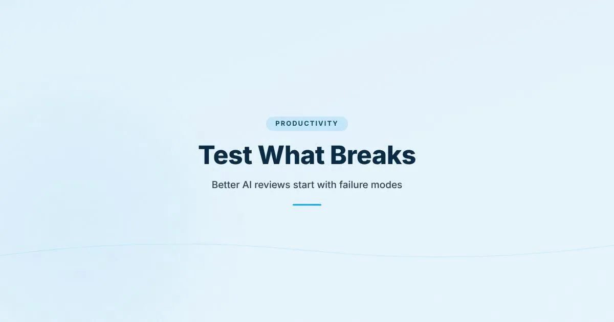 Branded HungryMinded cover reading Test What Breaks for an article about better AI tool reviews and failure-mode testing.