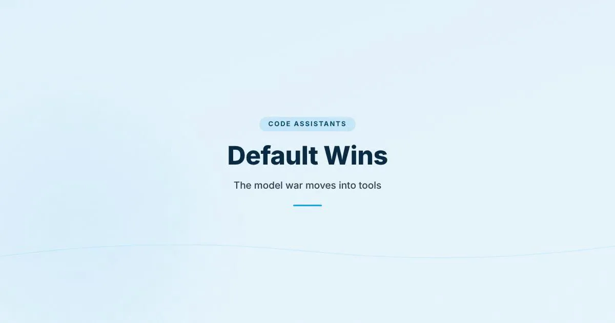 Branded HungryMinded cover showing the phrase Default Wins for an article about AI models becoming tool defaults.