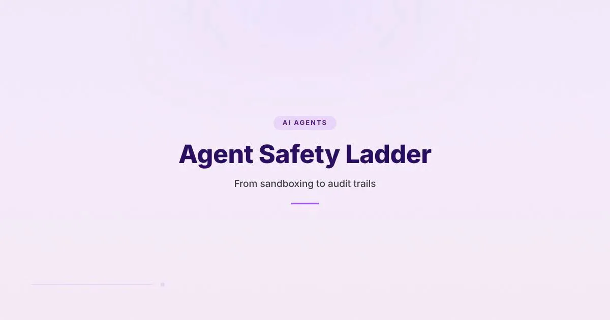 Illustration showing the agent safety ladder with sandboxing, audit trails, permission models, behavior monitoring, rollback mechanisms, and consistent tool interfaces
