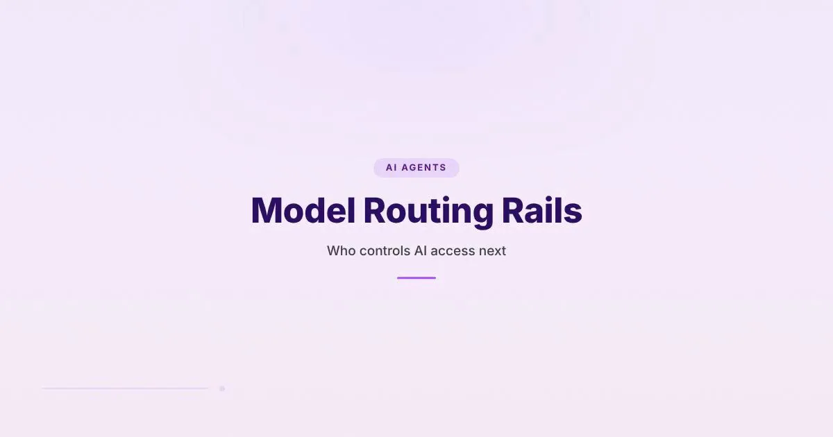 Branded HungryMinded cover reading Model Routing Rails for an article about AI model routing becoming payment-style infrastructure.