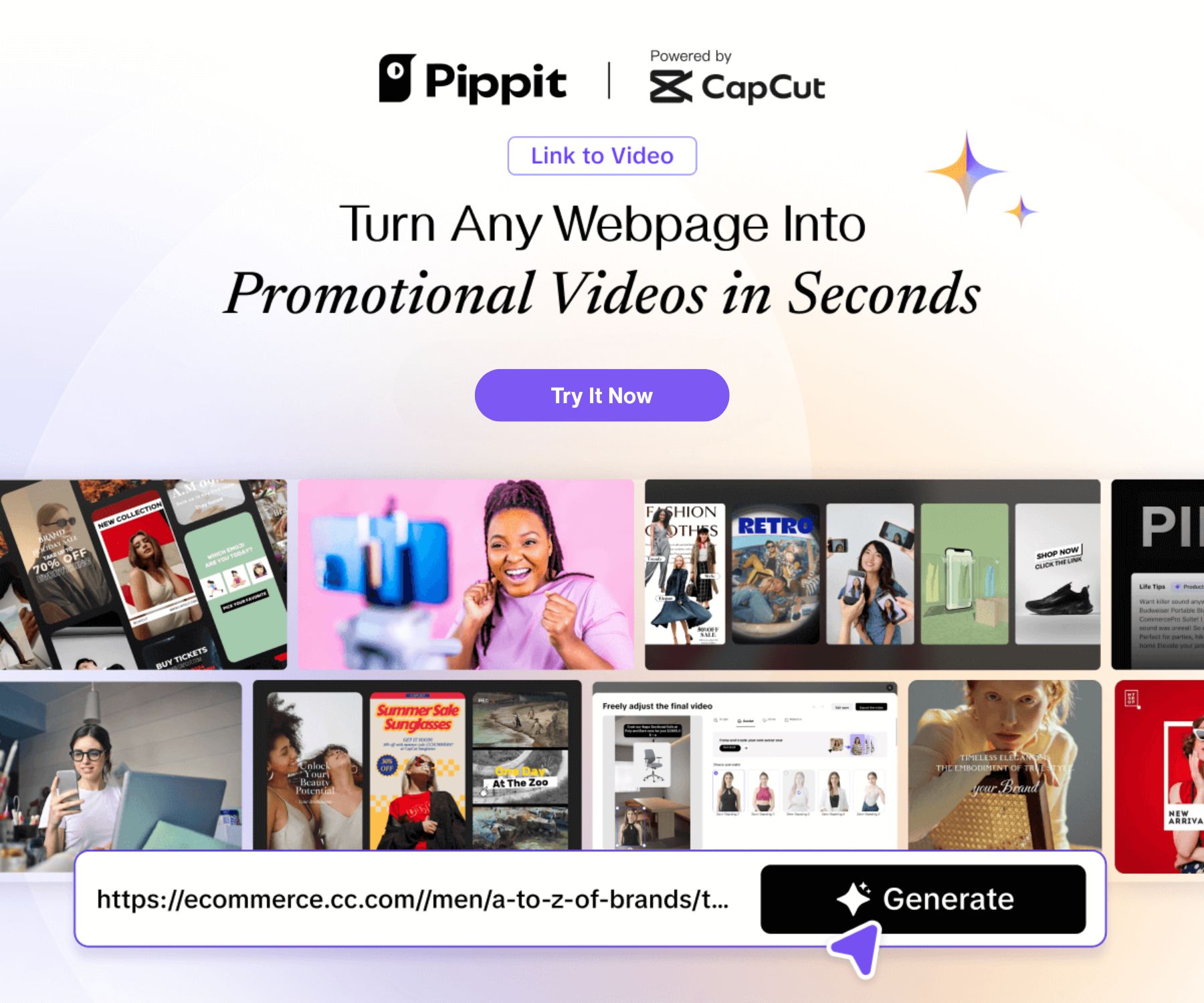 Pippit Link to Video workflow with promotional video examples and a product URL field