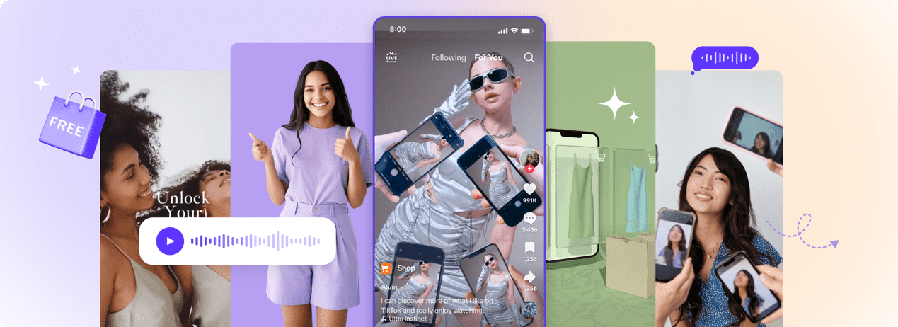Collage of social videos, presenter content, product visuals, and voice tools made with Pippit